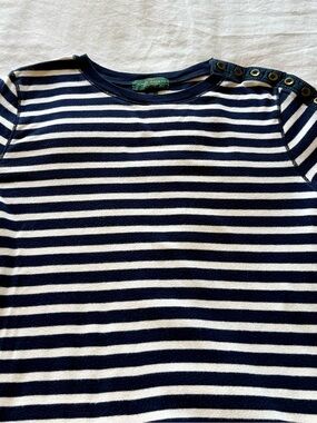 Ralph Lauren Navy and White Striped Long Sleeve Tee with Shoulder Buttons